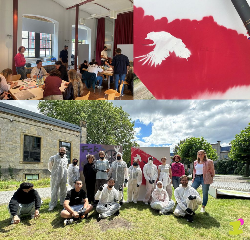 Graffitiworkshop, bei dem Teilnehmde sowie der Arbeitsprozess zu sehen sind.