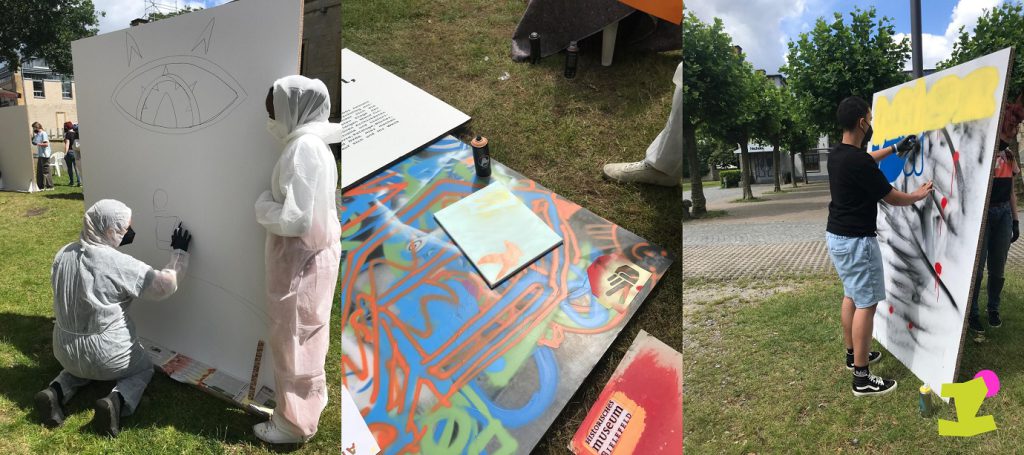 Graffitiworkshop, bei dem Teilnehmde sowie der Arbeitsprozess zu sehen sind.