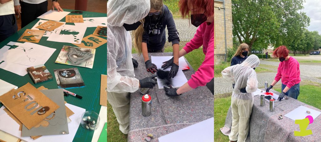 Graffitiworkshop, bei dem Teilnehmde sowie der Arbeitsprozess zu sehen sind.